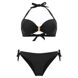 Black Halter Bikini Set with Gold Accent - Women Swim